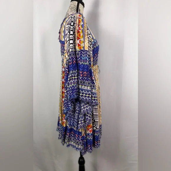 Freeway Vibrant Blue Bohemian Maximalist Fun Flutter Sleeve Tunic Dress size M - Picture 3 of 11